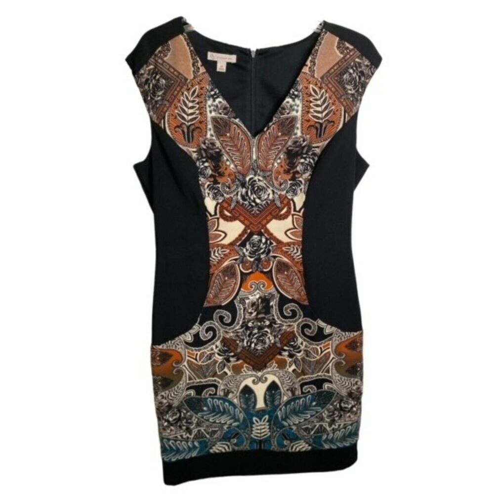 CB established 1962 14 EUC Womens Black Print Cap Sleeve Sheath Midi Dress